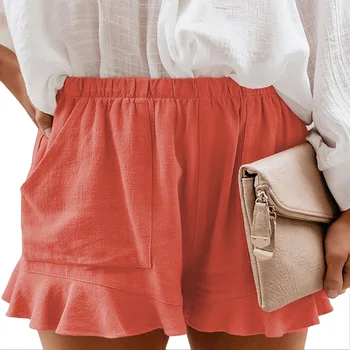 Жените готини памучни летни шорти плажни шорти Ruffle Hem с джобове Свободни ежедневни панталони Лек бързо съхнещ панталон