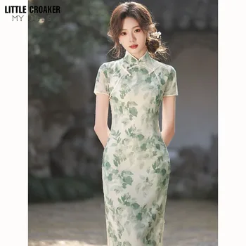 Жените малко свежи и подобрени Qipao Cheongsam младо момиче 2023 Нова лятна рокля в китайски стил елегантен дълъг пролетен стил