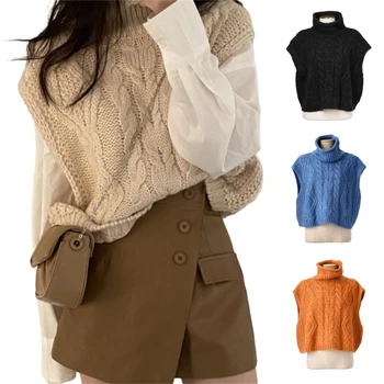 Жените обрат кабел плета без ръкави пуловер жилетка есен зима случайни хлабав Поло плътен цвят трикотаж пуловер потник