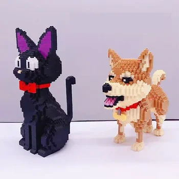 Животински свят черна котка куче седи домашен любимец лък 3D модел DIY мини диамантени блокове тухли сграда играчка за деца подаръци