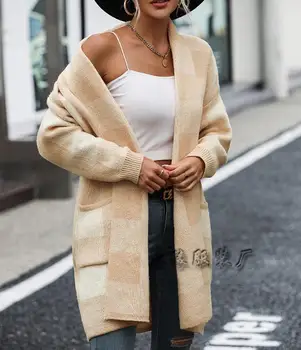 Жилетка за жени Ежедневни дълъг ръкав отворен фронт кариран печат джоб дизайн мода жилетка палто 2023 есен Връхни дрехи Дрехи