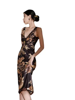 Зашеметяващ черно злато птица и цвете живопис стил ацетат сатен без ръкави каишка дизайн v-образно деколте рокля