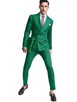 Зелени мъжки сватбени костюми Най-новите палта панталони дизайн тънък 2 парчета двуреден смокинг елегантен обичай младоженец абитуриентски нетактичност панталони