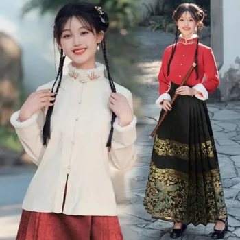 Зимни изправи яка плюшени удебелени топла риза Топ бродерия кон лицето пола китайски модерен ханфу жените облекло
