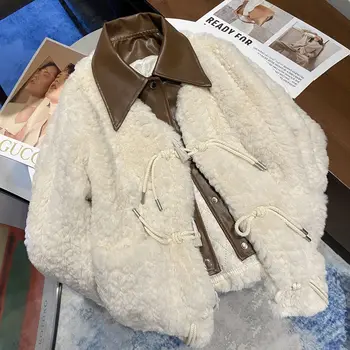 Зимно облекло Модни дебели якета за жени Пачуърк PU Намалете яката Връхни дрехи Улично облекло Ежедневни Y2k палто Ropa Mujer