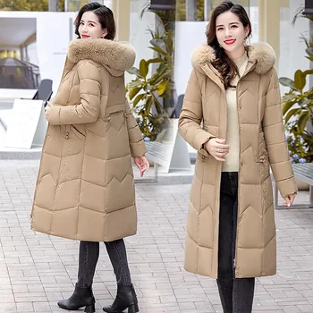 Зимно яке 2024 HOT корейски жени парка буфер кожа яка с качулка дебела топла дълга женско палто случайни връхни дрехи надолу памучно яке