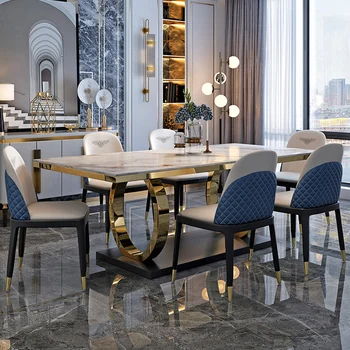 Италианска рок дъска проста модерна модерна луксозна правоъгълна мраморна маса за хранене и стол комбинация от домашна маса за хранене