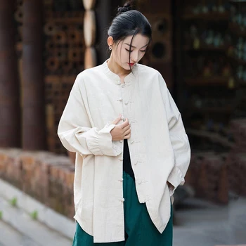 Китайски дрехи за жени Памучно бельо Cheongsam палта Kungfu Zen чай жилетка случайни хлабав блуза Tang якета Qipao риза върховете