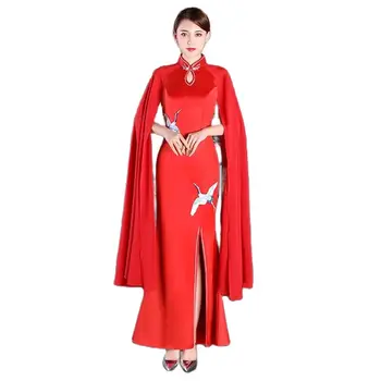китайски стил жени секси вечерни рокли дълъг ръкав qipao червено синьо дама vestido отворен цепка модерни парти рокли ориенталски рокля