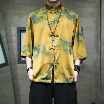 китайски стил мъжки IceSilk плюс размер риза лято човек набиране ключалката ханфу риза Sinicism печат реколта хлабав ризи Homme костюм