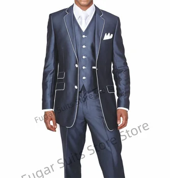 Класически сини мъже костюми тънък годни назъбен ревера младоженец смокинги сватба абитуриентски парти 3 парчета комплекти бизнес мъжки нетактичност костюм Homme