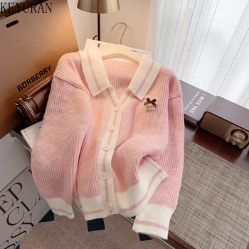 контрастен цвят плетена жилетка пуловер жени корейски мода мелодия надолу яка дълъг ръкав случайни мързеливи хлабав трикотаж палто джъмпер