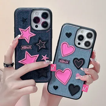 Корейски сладък 3D любов сърце звезди бродирани каубой кърпа телефон случай за iphone 15 Pro Max 11 12 13 14 Pro Max защитно покритие