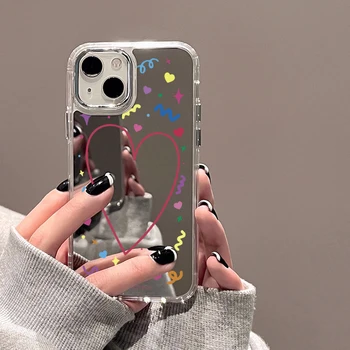 Корейски Сладък любовен сърдечен огледален калъф за телефон за iPhone 11 12 13 14 15 Pro Max X XR XS Max Грим огледало Прекрасен удароустойчив капак