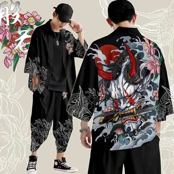 Костюм от две части Реколта японски хлабав жилетка най-новите Haori Yukata демон печат кимоно панталони комплекти