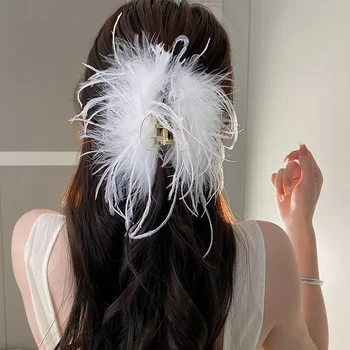 Красива щраус перо нокти коса елегантен черно/бяло перо нокът клипове шапки жена аксесоари за коса