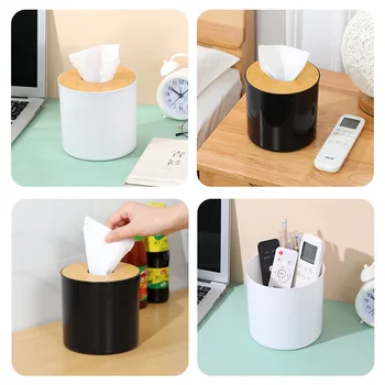 кръгла бамбукова дървена тъканна кутия, творческа кутия за тоалетна хартия, калъф за салфетка, прост и стилен, домашен дозатор за тъкани