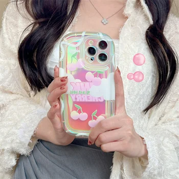 Лазерен розов калъф за телефон с череша за iPhone 14 11 12 13 Pro Max Cover Fashion Корейски сладък силиконов удароустойчив калъф за iPhone 12pro
