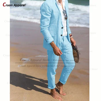 Ленени костюми за мъже Slim Fit Summer Formal Business Wedding Beach Thin Tuxedo Tailor-made Casual Blazer Pants Set Fashion Jacket