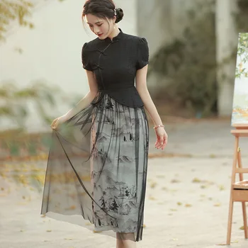 Летен китайски стил черен печат Cheongsam ретро модна рокля жени мандарин яка Qipao