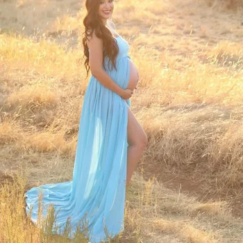 Летни рокли за майчинство бременни жени цепка отворена предна дълга рокля за фотосесия бременност шифон рокля фотография подпори