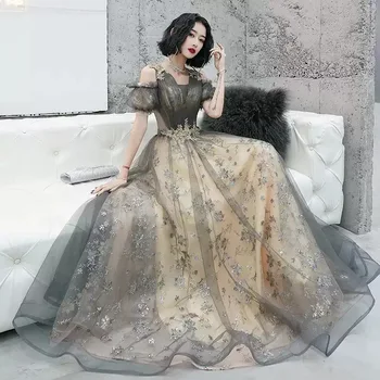 Луксозни апликации Банкетна вечерна рокля Моден темперамент Дълъг абзац Noble & Slim Секси V-образно деколте Висок клас дамска рокля