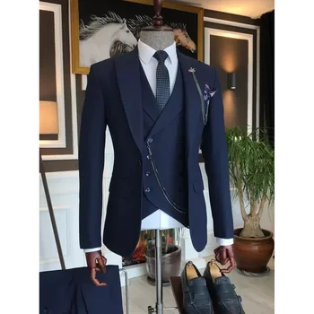 Луксозни мъжки костюми Blazer Terno Navy Blue Dingle гърди шал ревера тънък годни сватба бизнес три парче яке панталони жилетка