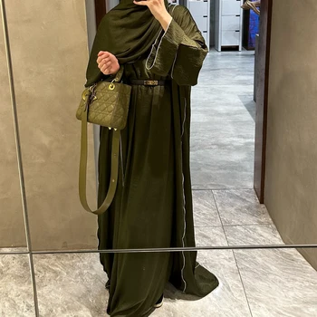 Лъскав комплект Абая 2 броя мюсюлмански жени Дубай Турция ислямско облекло рокля с къс ръкав + кимоно съвпадащи тоалети Скромен Рамадан