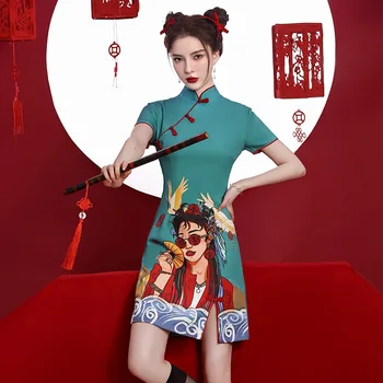 Лятна китайска карикатура отпечатани сатен традиционен мандарин яка Qipao къси ръкави мини Cheongsam ретро жени рокля