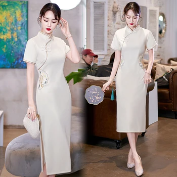 Лятна нова къс ръкав подобрена Cheongsam жените млада елегантност ретро китайски традиционни бродирани Qipao рокля