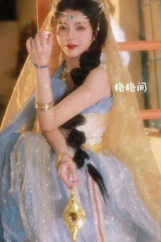 Лято Китайски традиционен ханфу за жени Хан елементи подобрени танци приказка синьо Аладин Dunhuang рокля аксесоари за коса