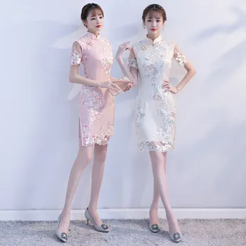 Лято къс ръкав Cheongsam китайски стил дантела флорални бродерия рокля жени мандарин яка тънък Qipao ново пристигане Vestido