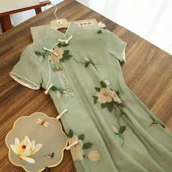 Лято Нова подобрена елегантна рокля Cheongsam жени китайски стил къс ръкав стойка яка тънък цвете ханфу Qipao рокля