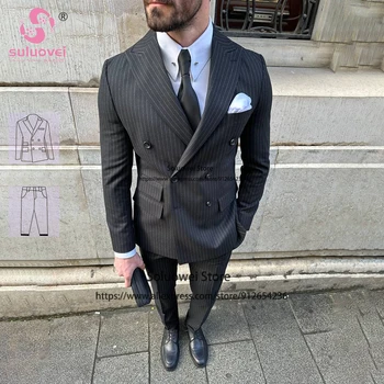Мода Peaked ревера раирани костюми за мъже тънък годни 2 парче панталони комплект абитуриентски младоженец сватба двойно гърди смокинг блейзър Masculino