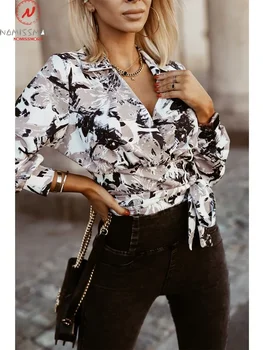 Мода жени печат блуза пачуърк дизайн превръзка декор v-образно деколте дълъг ръкав есента тънък пуловери къс връх