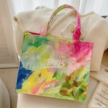 Мода Париж отпечатани писмо графити живопис голяма пазарска чанта творчески дизайн платно рамо чанта голям капацитет пазарска чанта