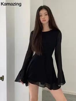 Мода секси без гръб Y2k мини рокля за жени елегантен дълъг ръкав Bodycon дантела нагоре черен Vestidos корейски есен шик дрехи