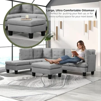 Модерен модулен L-образен диван с реверсивен шезлонг и табуретка, удобна мека мебел за хола