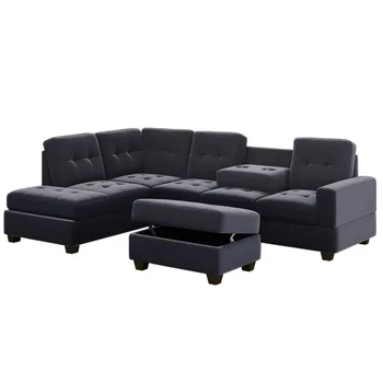 Модерен секционен диван с двулицев шезлонг, L-образен диван с табуретка за съхранение и две поставки за чаши за хол
