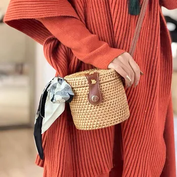 Модна лоза тъкани дамска чанта мода ваканция плаж чанта високо качество тъкани рамо чанта кръгли Crossbody чанта