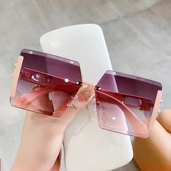 Модни градиентни лилави розови очила Извънгабаритни квадратни слънчеви очила за жени Мъже Метални кухи без рамки Дизайнерски слънчеви очила 2024