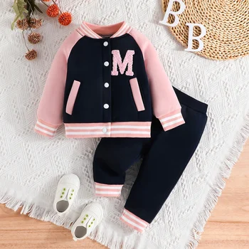 Момиче 6 месеца - 3 години розов бейзбол униформа бутон яке дълъг ръкав палто и панталони облекло малко дете бебе облекло