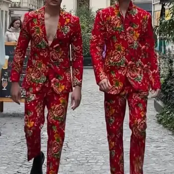 Мъже флорални палто костюм цвете печат североизток стил мъжки костюм с джобове ревера жилетка Унисекс официално яке панталони комплект мъже