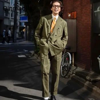 Мъжки костюм от 2 части (блейзър + панталони) Нов небрежен висококачествен и красив двуреден небрежен хлабав прилепнал мъжки костюм за облекло