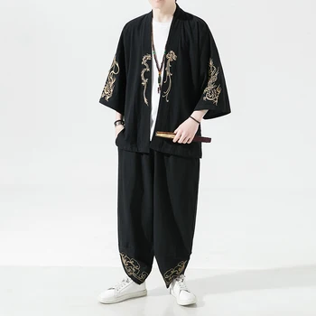 Мъжки японски кимоно комплект мода Harajuku улично облекло коприна дракон бродерия случайни външната качулка униформа бельо облекло
