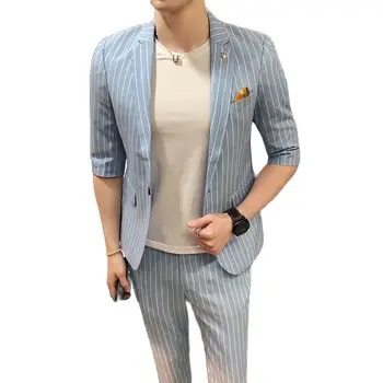 Нов висококачествен (костюм + панталони) Мъжки раиран моден бизнес Джентълмен Ежедневни три-четвърти ръкав деветточков панталон костюм