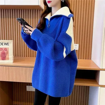 Нов дамски пуловер пуловер палто дебел дълго поло есен зима топло плетени пуловери женски дизайн смисъл хлабав трикотаж отгоре