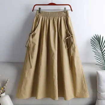 Нов японски плътен цвят шнур джоб реколта френски A-линия пола Хепбърн стил черна половина пола женски памук дълги поли