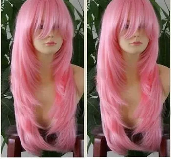 Нова красива дълга розова права косплей парти модна перука за коса