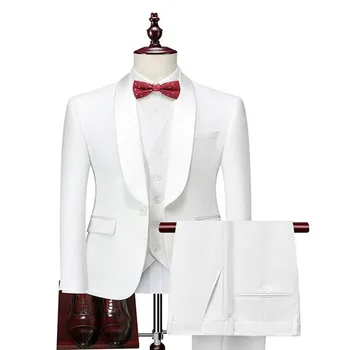 Нова мъжка бяла плодова яка (костюм + жилетка + панталони) Бизнес вечеря Сватба Костюм с цветя Тънко прилягане Изпълнение Комплект от три части
